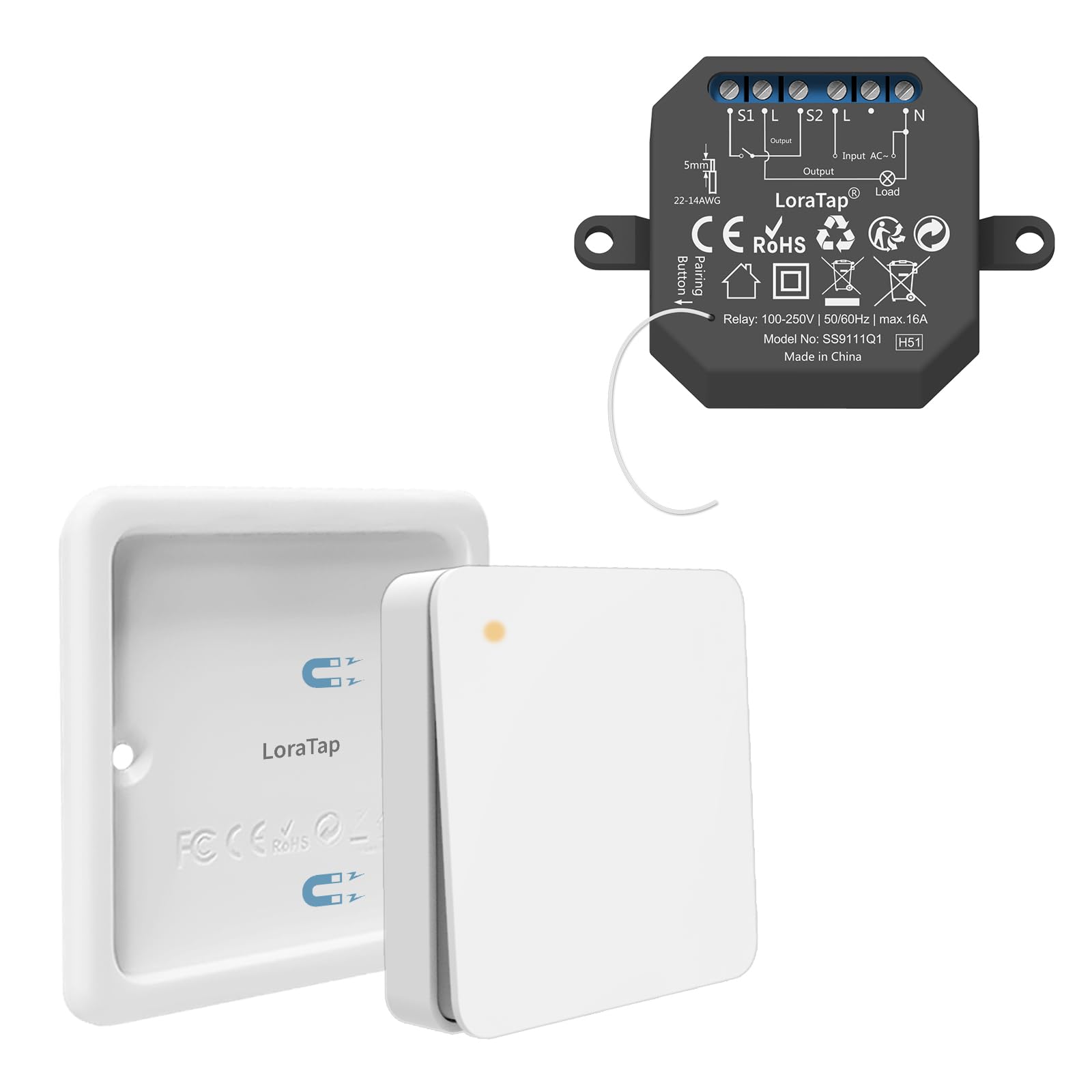 Interruptor de Luz Inalámbrico LoraTap, Mando a Distancia y Receptor de Relé 10A, Interruptor Inalámbrico de Pared para Lámparas y Electrodomésticos, RF Control Remoto de hasta 200m