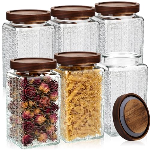 Domensi 6 Pack Vintage Glass Jars with Lids Airtight Food Storage Containers 34 oz Acacia Wood Mason Jar Lids Airtight Pantry Containers for Kitchen Countertop Tea Coffee Spices and Snacks