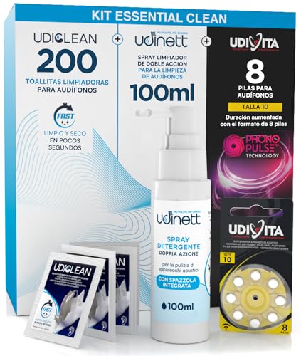 8 Pilas para Audífonos Tamaño 10 PR70 Amarillo + 200 Toallitas Limpiadoras Udiclean Tamaño de Bolsillo + Spray de Limpieza con Cepillo Integrado Elimina el Cerumen Udinett 100ml - Kit Essential Clean