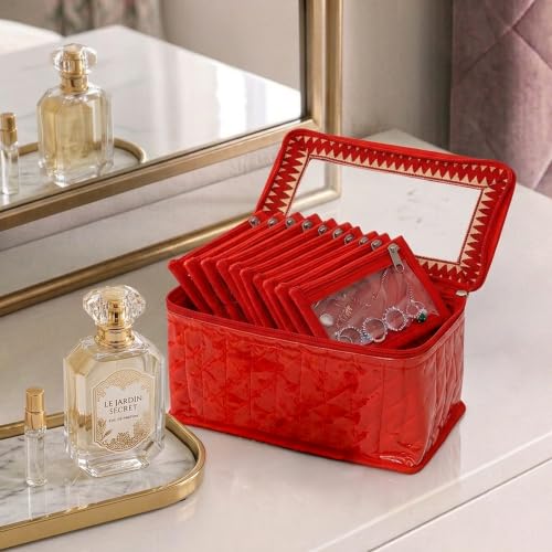 Image of Kuber Industries PVC Jewellery Organizer 10 Detachable Transparent Pouch with Zip | Laminated & Cushioned All 10 Packets Storing Accessorie | Red