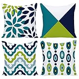 Wilproo Decorative Green Blue Abstract Throw Pillow Covers 18 x 18 Inch Set of 4, Geometric Cotton Linen Outdoor Cushion Cover Square Pillowcase for Car Sofa Couch Home Decor