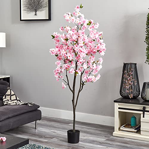 Nearly Natural 6Ft. Cherry Blossom Artificial Tree & 6Ft. Cherry Blossom Artificial Tree, White #TOP3