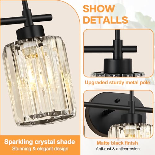 Image of Matte Black Vanity Light, 3-Light Crystal Modern Bathroom Lighting Fixtures Over Mirror, Black Bathroom Vanity Light (Bulbs Not Included)