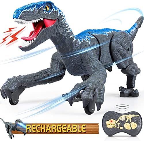 Remote Control Dinosaur for Kids Boys Girls,2.4G Electronic RC Toys Educational Simulation Velociraptor with 3D Eye Shaking Head & Roaring Sounds,Indoor Toys for 3 4 5 6 7 8 9 10 Year Old Gifts(Gray)