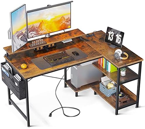 ODK 48 Inch Computer Desk with USB Charging Port & Power Outlet, L-Shaped Corner Desk with Storage Shelves & Monitor Shelf for Home Office Workstation, Modern Writing Table, Vintage