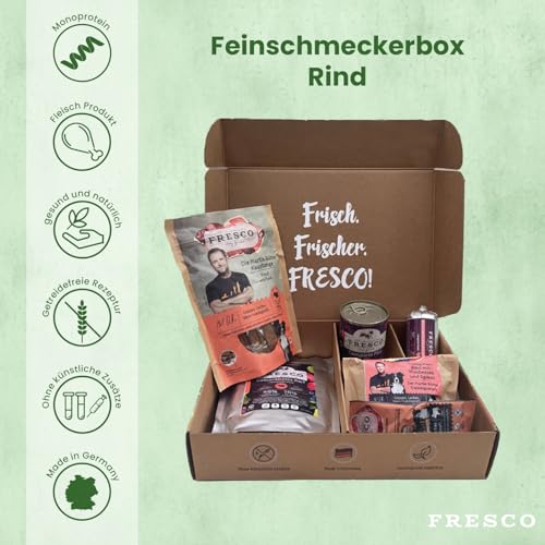 FRESCO Dog Feinschmeckerbox Rind - Geschenkbox für Hunde mit Snacks, Kaustangen und Barf-Menüs - 100% natürlich und getreidefrei - Leckerlis und Hundefutter für alle Rassen (300g, Rindfleisch)