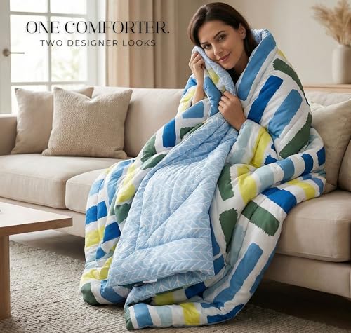 Image of VAS COLLECTIONS Cloud Cotton Reversible AC Comforter for Double Bed | Super Soft 220 GSM Quilt /Duvet /Dohar | Lightweight All-Season Comforter | 88 x 90 Inches (1 Piece) (Blue, White, Yellow)