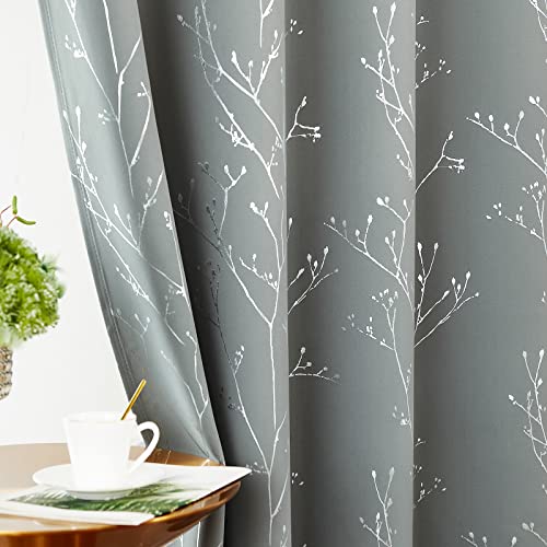 Blackout Curtains 84 Inch Length 2 Panels Set Tree Branches Silver Foiled Window Curtains for Living Room Bedroom Thermal Curtains Insulated Black Out Curtains Window Treatments Grommet Top Grey