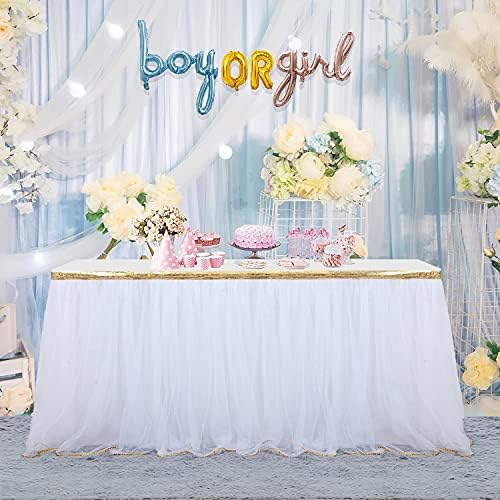 HB HBB MAGIC 9 ft White Table Skirt with Gold Sequin Tulle Table Skirt for Bridal Shower Wedding Baby Shower Birthday Party