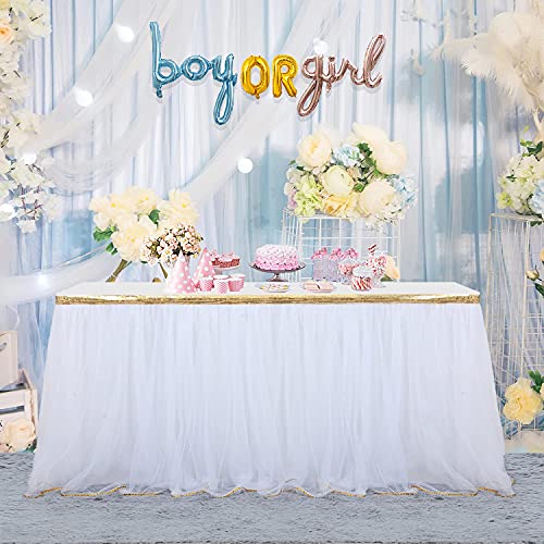 Hb Hbb Magic 9 Ft White Table Skirt With Gold Sequin Tulle Table Skirt For Bridal Shower Wedding Baby Shower Birthday Party #TOP16