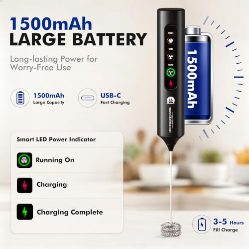 Image of Rechargeable Milk Frother with Stand, 4 Interchangeable Whisks & Travel Case - Handheld Mixer for Lattes, Matcha, Hot Chocolate, Eggs & Protein Shakes