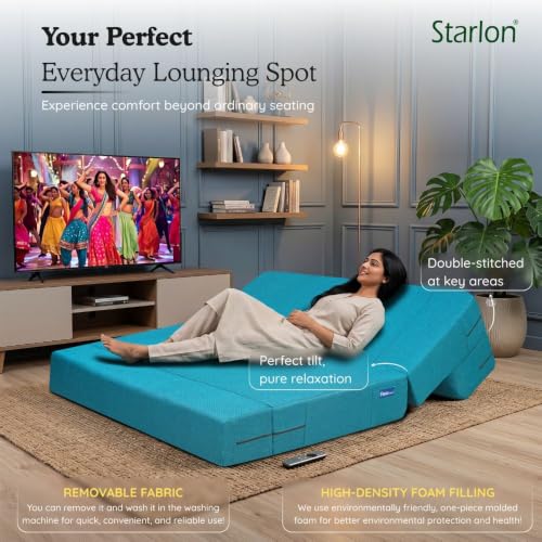 Image of Starlon 3 Seater Sofa Cum Bed Foldable 3-in-1 Sofa Bed with 1 Year Warranty, Washable Jute Fabric Cover | Aqua Teal 5x6 Ft