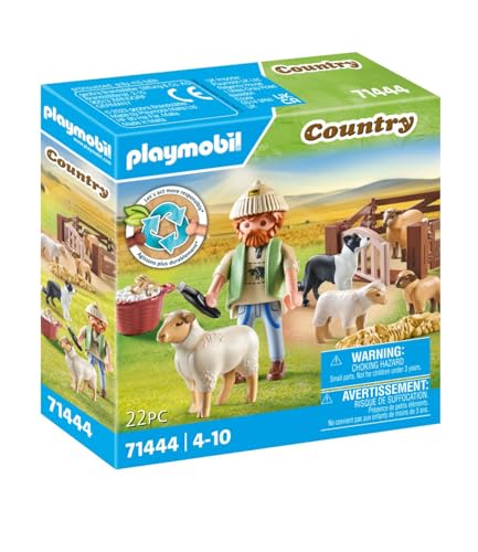 PLAYMOBIL Country 71444 Junger Schäfer mit Schafen, Hüten und Pflegen der Schafe mithilfe des Bordercollies, mit Zubehör wie Haartrimmer und Strohballen, nachhaltiges Spielzeug für Kinder ab 4 Jahren