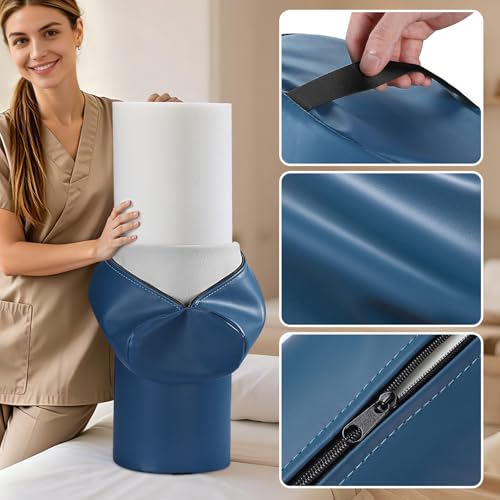 Image of PU Leather Round Bolster Pillow, 26 x 9 Inch Massage Bolsters for Under Legs with Strap Handle Massage Knee Pillow, Exercise Bolster for Legs Massage Table Roll Pillow Leg Bolster for Massage Table
