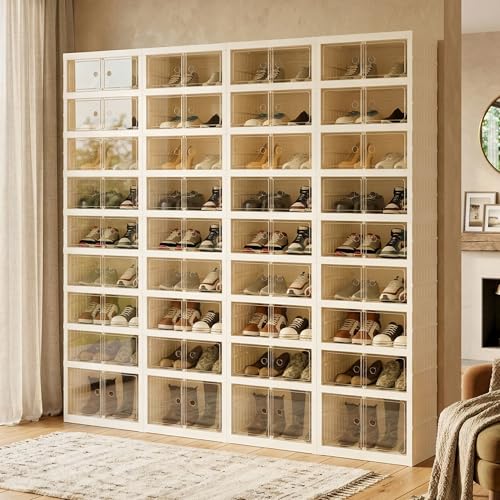Image of Foldable Shoe Organizer Storage Box Set of 4, Portable Extra Large Folding Shoe Rack for Closet, Shoe Storage Box with Magnetic Transparent Door and Wheels, 9 Layers 18 Grids with 2 Big Grids