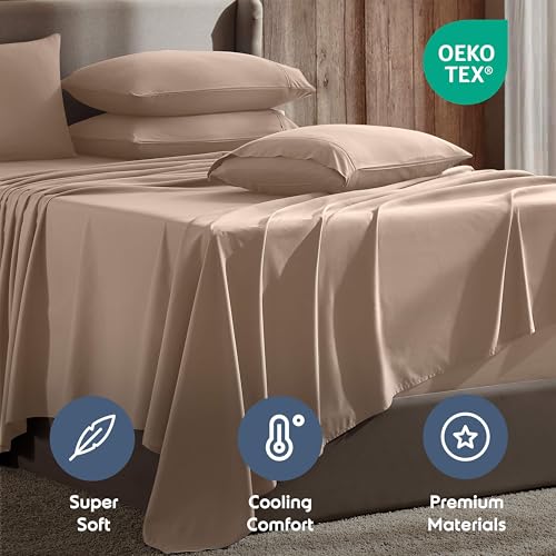 Image of Nestl Extra Deep Queen Sheet Set - 6 Piece Breathable & Cooling Sheets - Hotel Luxury Bedding Set w /18-24 Inch Deep Pockets - Easy & Secure Fit - Super Soft, Wrinkle Free & Comfy - Taupe Sand