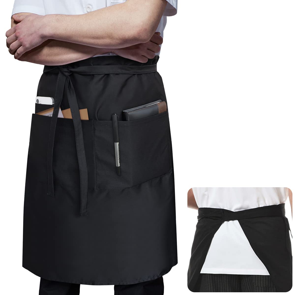 Long Server Apron Black with 3 Pockets Bistro Half Aprons for Men Women Waiter Waitress Chef 28 Inch Waterproof