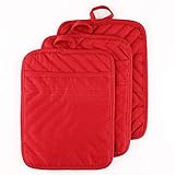 VEIKERY Oven Pot Holder with Pocket 100% Cotton Heat Resistant Coaster Potholder Kitchen Hot Pad Oven Mitts for Cooking and Baking Square 7'x9' (Red, 3)