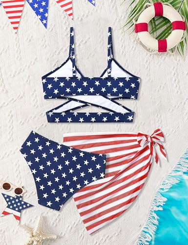 Image of NAPU 4th of July Girls Swimsuit 3 Piece American Flag Bathing Suit Girl Criss Cross Bikini Set with Cover Up 7-16 Years