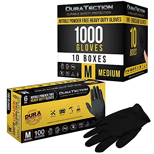 Dura-Gold HD Black Nitrile Disposable Gloves, 10 Boxes of 100, Size Medium, 6 Mil - Latex Free, Powder Free, Textured Grip