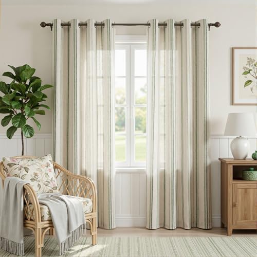 Image of MYSKY HOME Green Linen Striped Curtains 84 Inches Long Light Filtering Ticking Stripe Pinstripe Patterned Country Cottage Core Window Drapes for Bedroom Living Room, Grommet, 2 Panels, 52 inch Wide