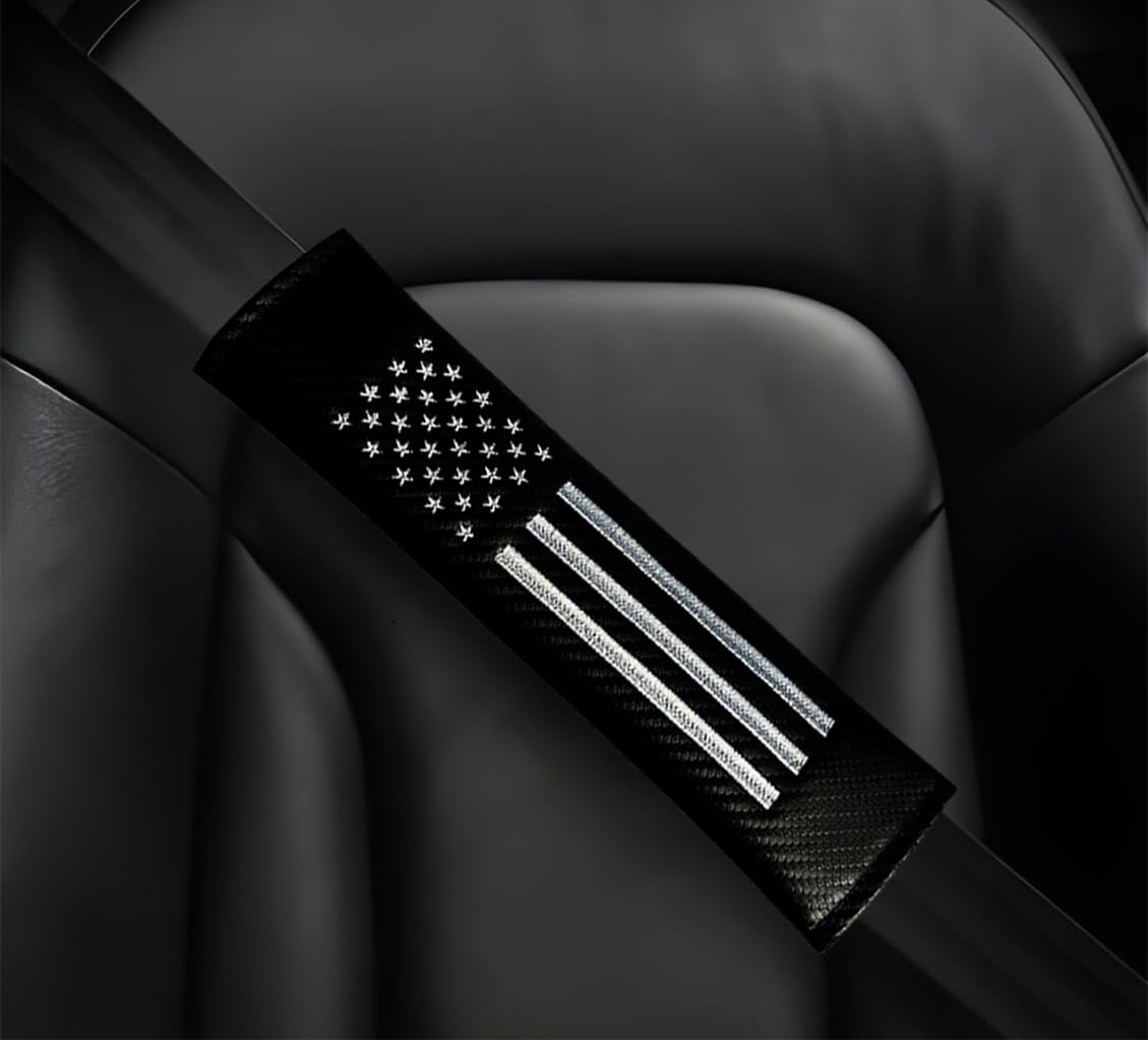 2PCS Car Seat Belt Covers Shoulder Pads for American USA Flag, Carbon Fiber Car Seat Belt Pads Safety Belt Cover Pad, American Flag Decoration Interior Car Accessories