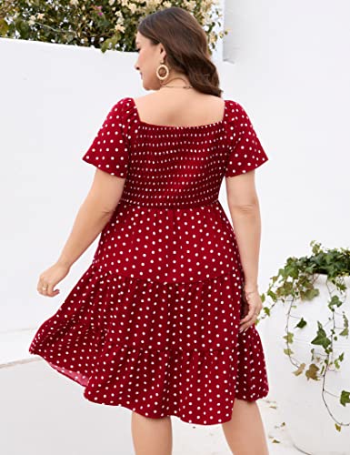 Kojooin Women Plus Size Smocked Short Sleeve Dress Scoop Neck High Waist Ruffle Tiered Casual Midi Dress Red Polka Dot 3Xl #TOP3