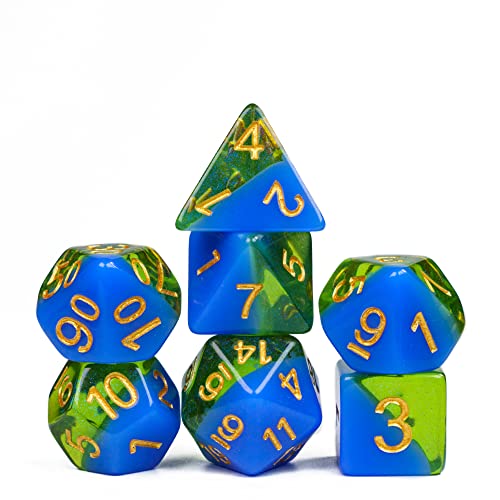 UDIXI 7PCS Glitter Polyhedral Dice Set D&D, Resin DND Dice for RPG Tabletop Games(Blue and Green)