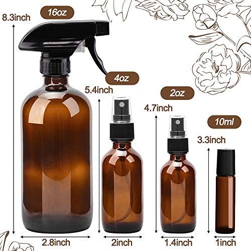 Bonytek Glass Spray Bottle Kit×12 (2×16Oz, 2×4Oz, 8×2Oz), 12×10Ml Roller Bottles, Anti Uv, Multi Size And Versatile, Suitable For Aromatherapy, Facial Moisturizing, Watering, Etc.(Amber) #TOP6