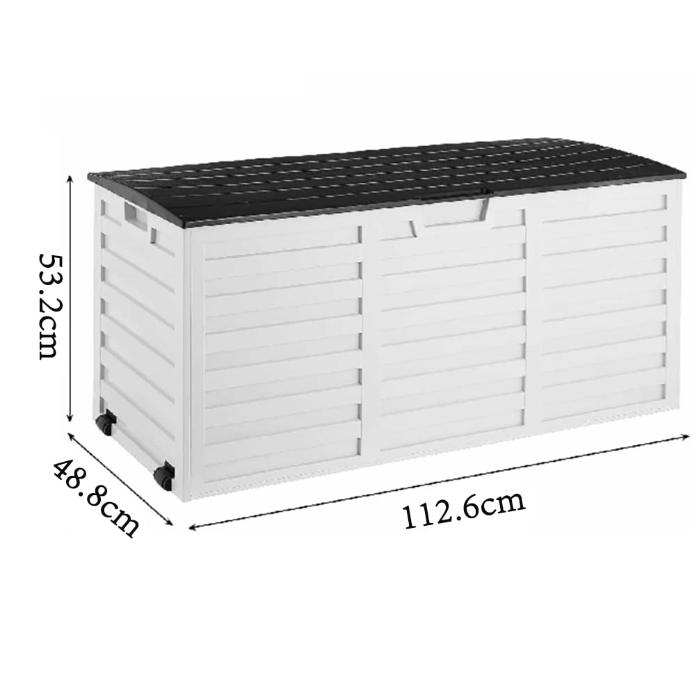 Lar - Scatola da giardino impermeabile, chiudibile, per attrezzi da giardino, spaziosa (bianco, 112,6 x 48,8 x 53,2 cm)