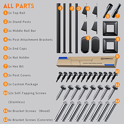 Zeropone 2 Steps Outdoor Handrails For Outdoor Steps，Black Transitional Handrail Hand Rail Stair Railing Kit With Screw Kit (1-2 Steps Handrail) #TOP4