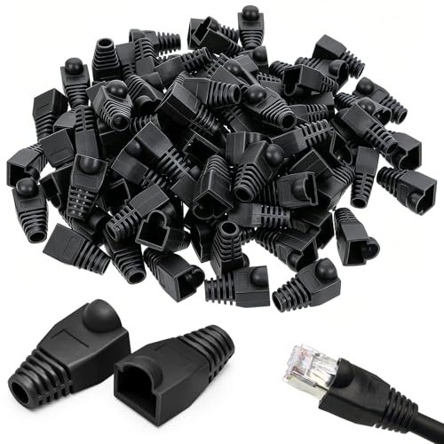 Image of 100 Pack RJ45 Connector Boots Black, Ethernet Cable Strain Relief Covers Rubber RJ45 Plug Protector for Cat5 Cat5e Cat6 LAN Cable Connector Repair Installation