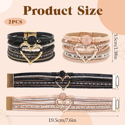 2Pcs Boho Bracelets Woven Leather Multi-Layer Wrap Bracelet Heart Shape Inlaid Rhinestone Stackable Fashion Women Bracelet Jewelry2