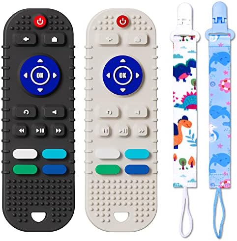 Mgtfbg 2 Pack Soft Silicone Teething Toys for Toddlers, Teething Toys for Babies 6-12 Months - Boys Girls Baby Molar Teether Chew Toys Set, Remote Control Shape Teething Toys Gift（Black+Grey）