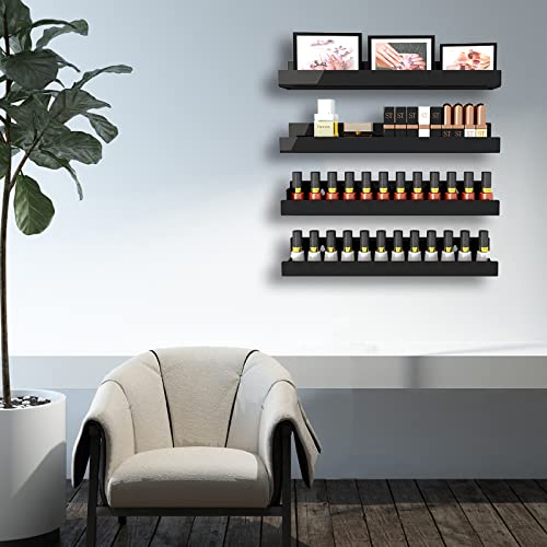 Image of 4 Pack 15 Inch Black Acrylic Floating Wall Shelves, Kids Bookshelf | Modern Display Shelf for Nail Polish, Sunglasses, Oils, Pictures & Toys