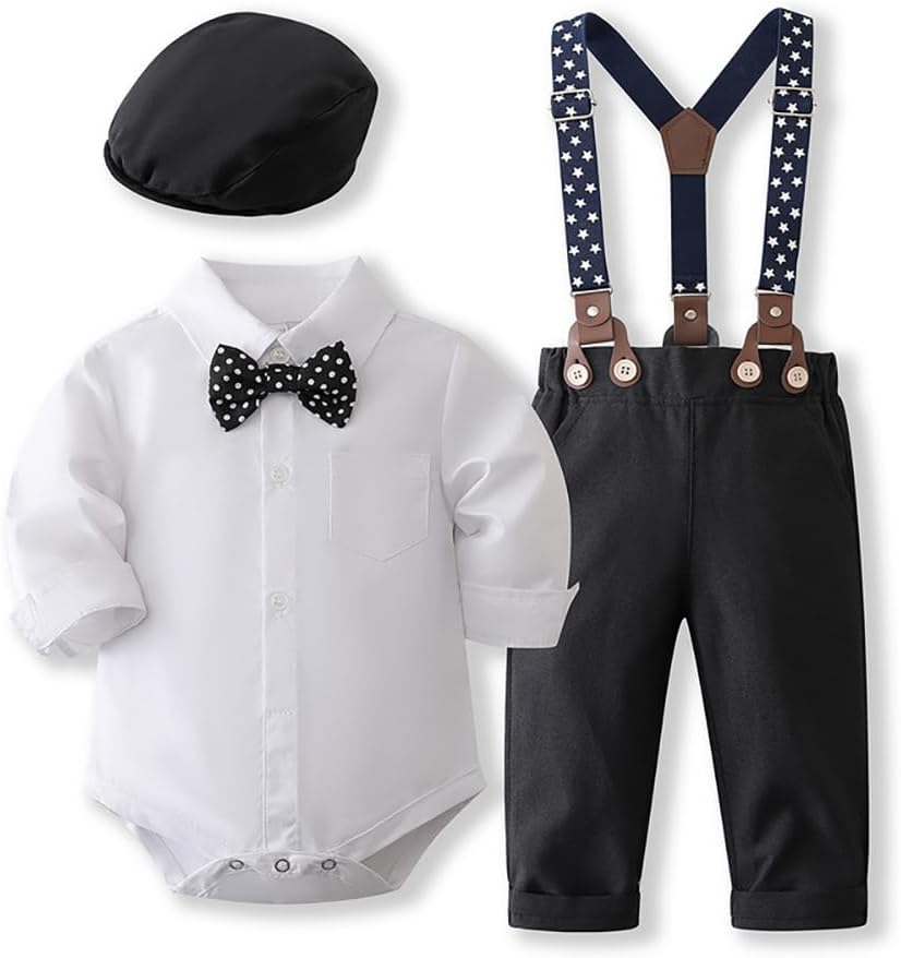 IDOPIP Baptism Outfits for Boys Baby Toddler Gentleman Outfit 5PCS Bowtie Romper Shirt Suspender Pants Hat Formal Tuxedo Suit