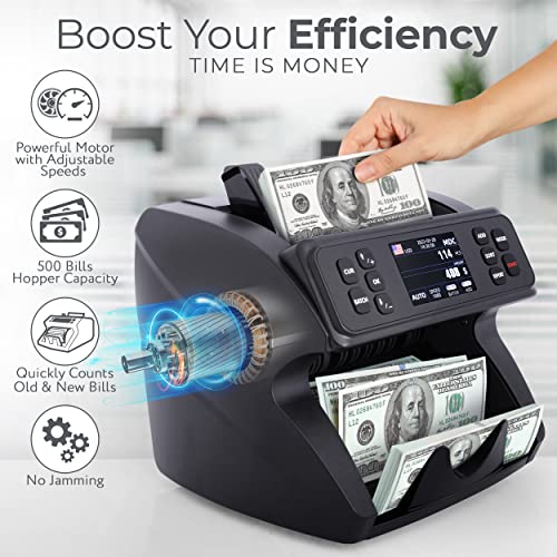 DETECK Dusk Money Counter Machine Mixed Denomination, Multi Currency DT500 Business Grade Bill Counter Machine, 1CIS/UV/MG Counterfeit Detection, Currency Counter, Value Count & Print