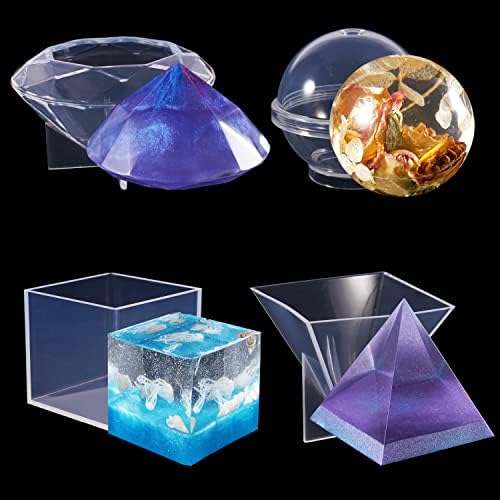 LUXWIN 4Pcs Resin Casting Molds, Super Transparent Resin Molds,Including Sphere, Cube, Pyramid, Diamond for Resin Epoxy,DIY Craft, Decoration,Epoxy Resin Kits for Beginners