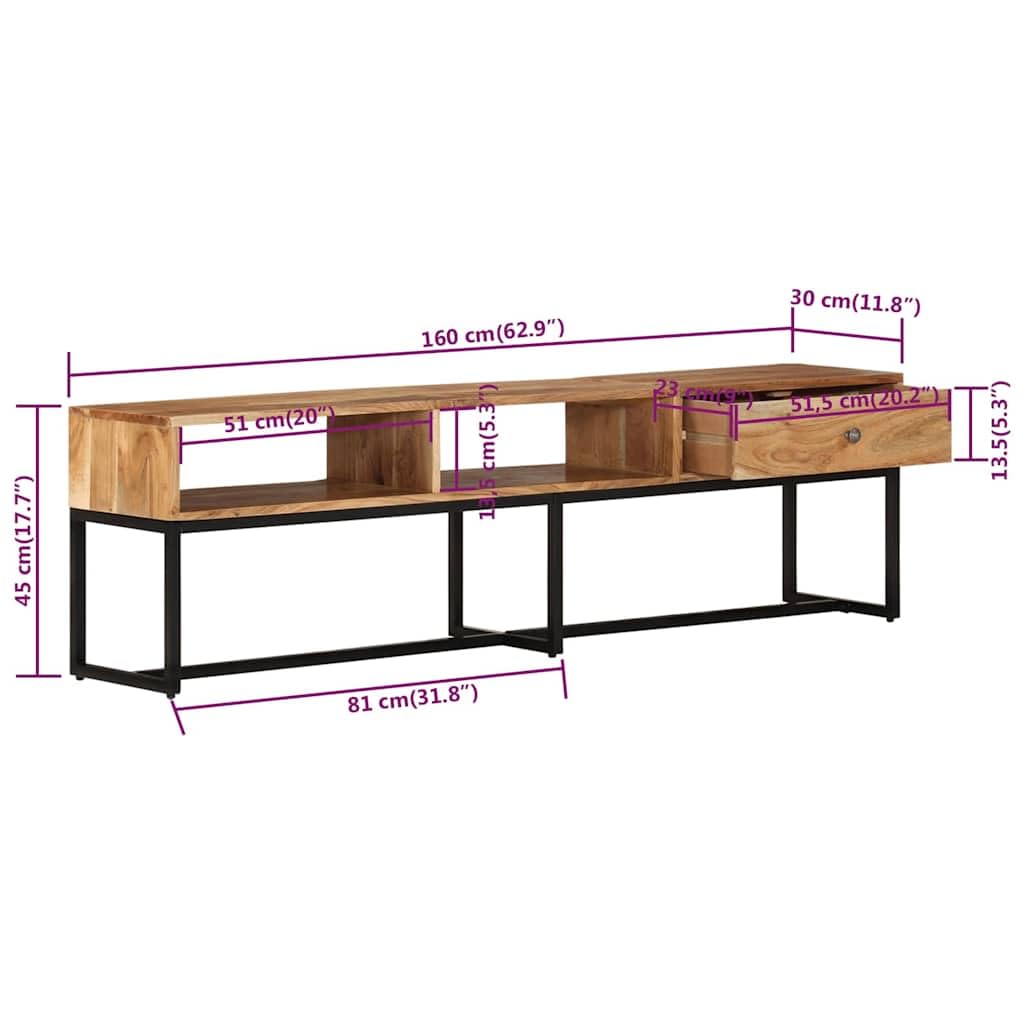 Szafka pod telewizor z litego drewna akacjowego, 160 x 30 x 45 cm