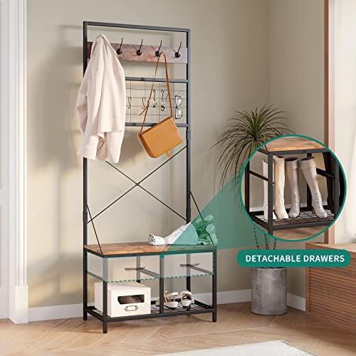 YITAHOME Coat Rack Stand with Shoe Storage Rack and Bench, 5-in-1 Industrial Standing Hall Tree for Clothes Hats Bags with 5 Removable Hooks for Hallway Living Room, Sturdy Frame, 2 Foldable Drawers