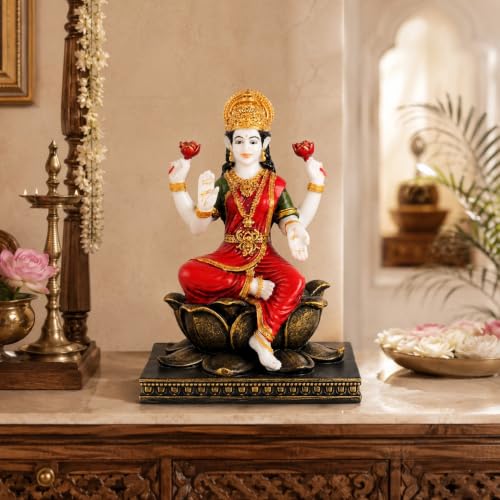 Image of ARMONIA Laxmi MATA Idol with Lotus Throne and Golden Crown | Mahalakshmi Devi Murti for Home, Mandir,Office Desk,Varalakshmi Vratam,Spiritual Decoration,Best Spiritual Gift for Wedding & Housewarming