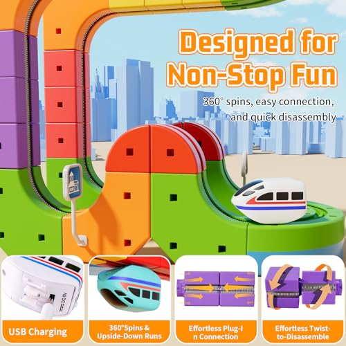 Image of KlickRail Electric Train Set Flexible Race Track for Kids 4 6 7 8, 48 Pcs Car Track for Toddlers 3-5, Building Toy Train Track Gravity-Defying 3D Embedded Layouts & Motorized Car, STEM Easter Gift