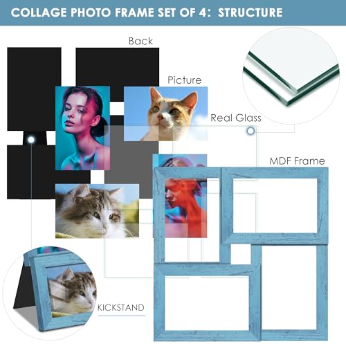 Image of DUENPY 4x6 Collage Frame Tempered Glass For 4 4x6 Photos Blue