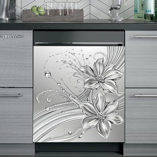 Silver Floral Dishwasher Magnet Cover for Washers Fridge Cover Panel Decal Home Kitchen Decor,Washing Machine Cabinet Reusable Dishwasher Covers,26 x 23 inch
