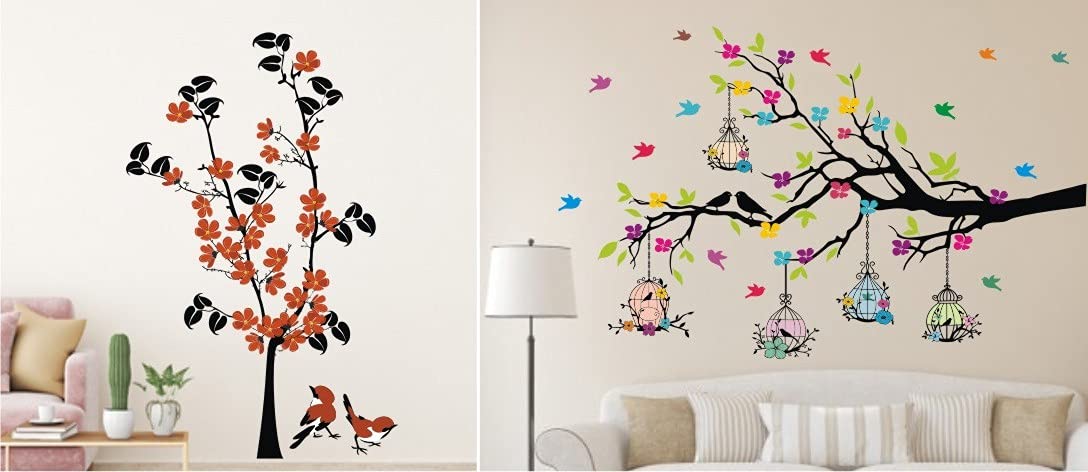Heaven Decors PVC Vinyl Nature Tree - Flower - Birds - Wall Sticker & Tree Branches with Birdcage with Flower Wall Sticker Combo ( Multicolour ) (B092TR7SHN) Amazon Price History, Amazon Price Tracker