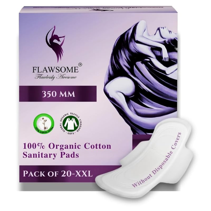 Image of Flawsome Plant-Based Overnight Sanitary Pads | XXL Size, Pack of 20 | Ultra-Thin, Rash-Free & Toxin-Free | Extra Long, Leak-Proof & Breathable | Heavy Flow Night Protection