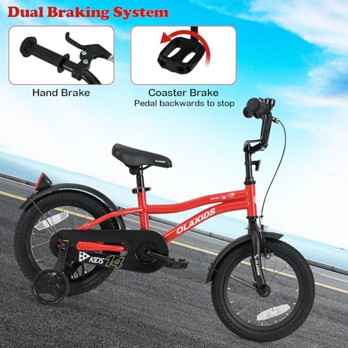 Image of Olakids Kids Bike, 12 14 16 18 Inch Toddlers Bike with Training Wheels Safety Bell Adjustable Seat and Handlebar, Handbrake and Coaster Brake, Children's Bicycle for Boys Girls