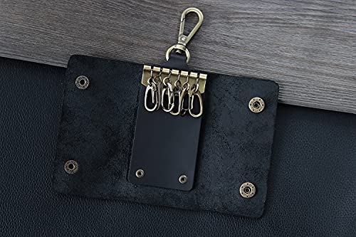 Pahvrion Mens Genuine Leather Key Case, Car Multi-Function Key Case With 6 Hooks & 1 Key Fob Holder (Black) #TOP3