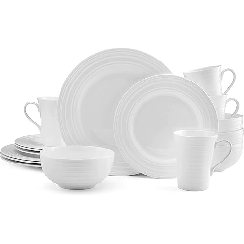 Mikasa Ciara 16 Piece Bone China Dinnerware Set, Service for 4, Lightweight and Durable Plates Bowls and Mugs, Elegant White Dinnerware for Everyday Use