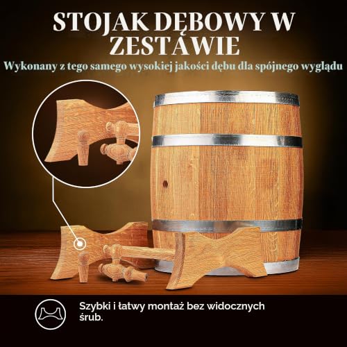 Drewniana beczka dębowa do przechowywania alkoholu 15 L – RĘCZNIE WYKONANA BECZKA – Beczka na whisky, wino, brandy, liki